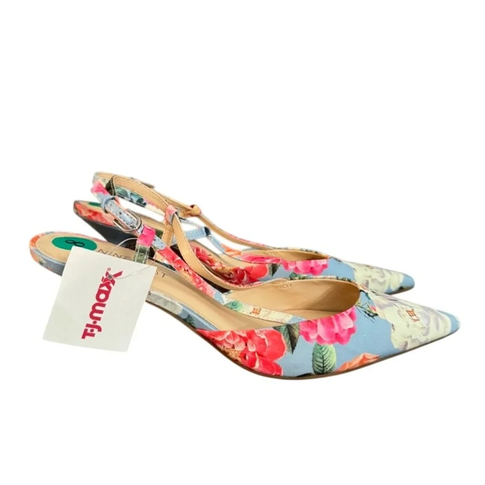 Nine West Womens Floral Slingback Pumps Blue Pink Pointed Toe Kitten Heel 8M NEW